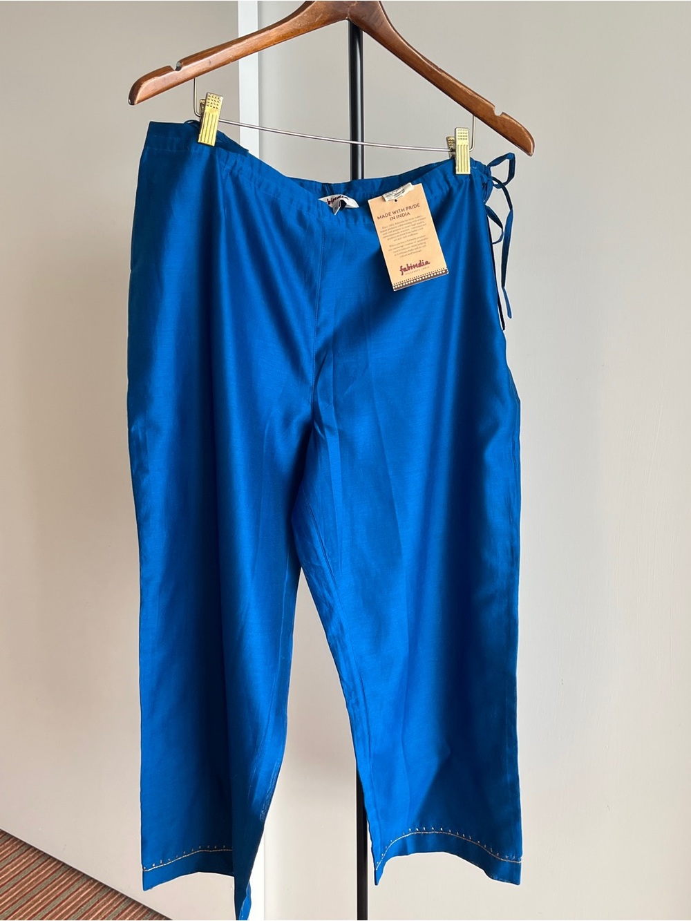NWT Fabindia SILK BLEND PALAZZO IJAR Dress PANT WIDE LEG Royal Blue Gold Zari L